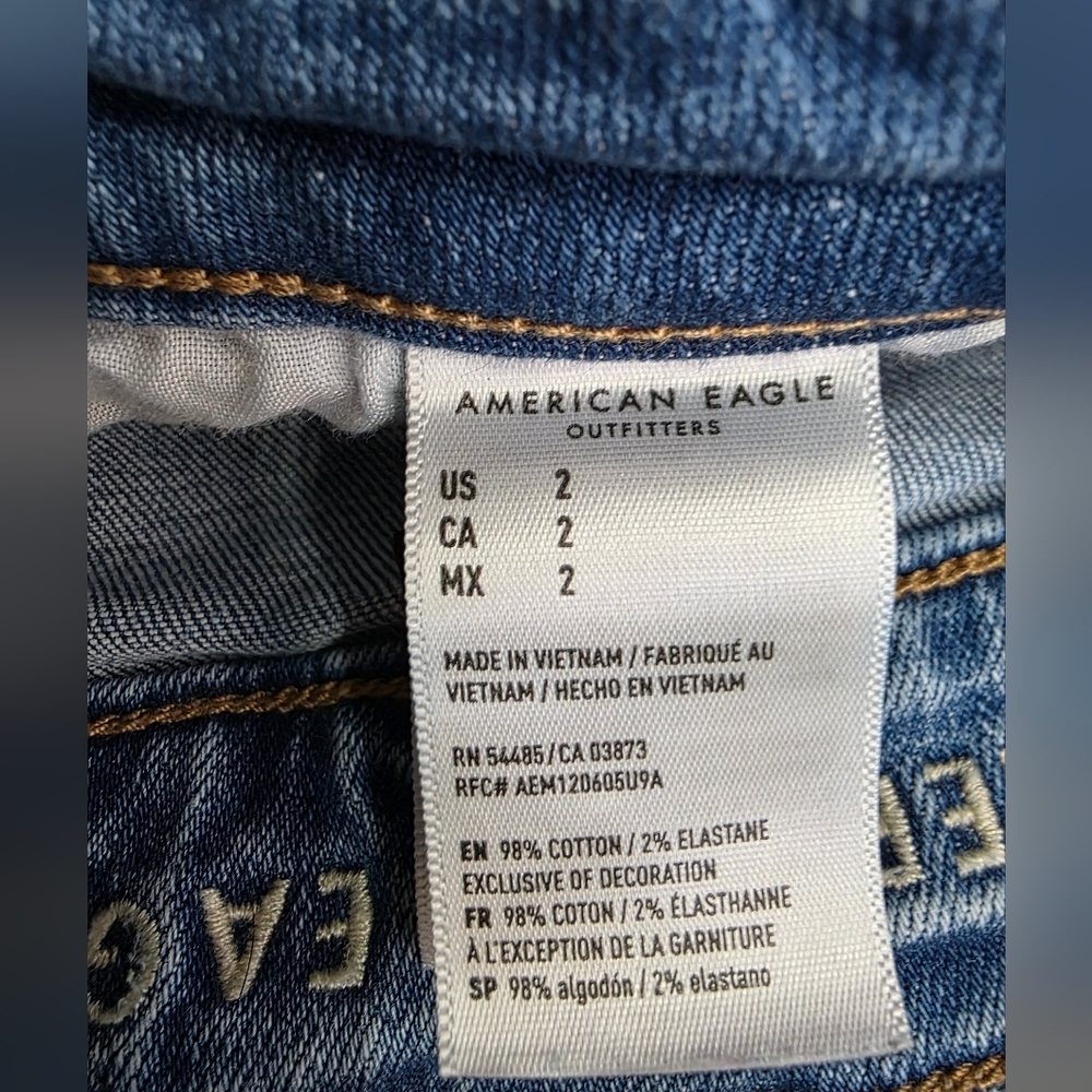 American Eagle Super Stretch  High-Waist Distress Denim Mini Skirt Raw Hem Sz 2 - Picture 12 of 13